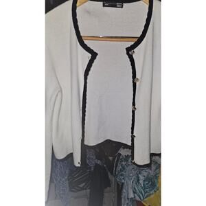 Dazy Women's White Cardigan With Black Trim and Decorative Buttons
